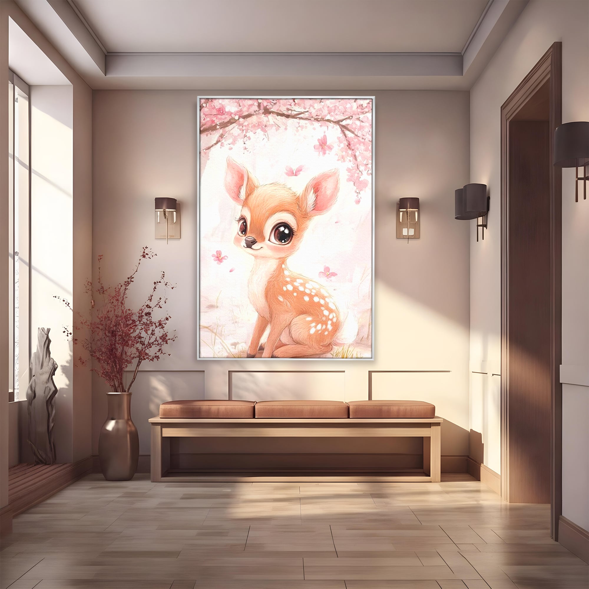Tablou canvas cu ilustratie cu un pui de caprioara, in rama de aluminiu argintiu